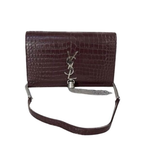 YSL CROC EMBOSSED TASSEL SMALL WOC MAROON