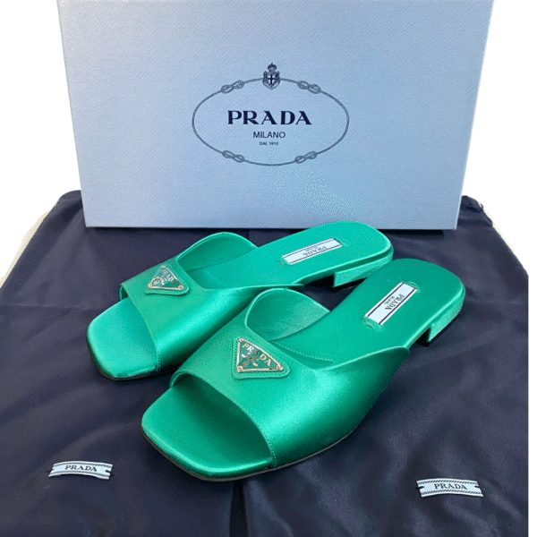 PRADA SATIN FLAT SANDALS GREEN 36.5